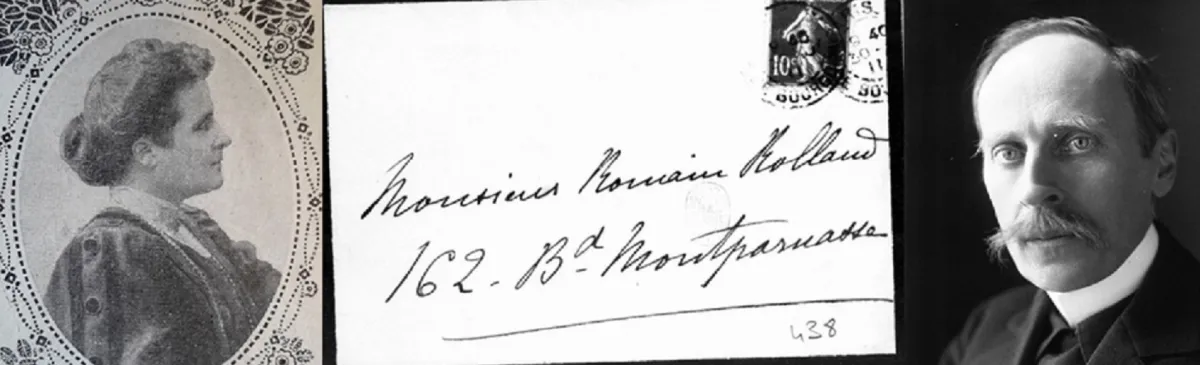 portrait photographs of Louise Cruppi and Romain Rolland flanking a letter envelope